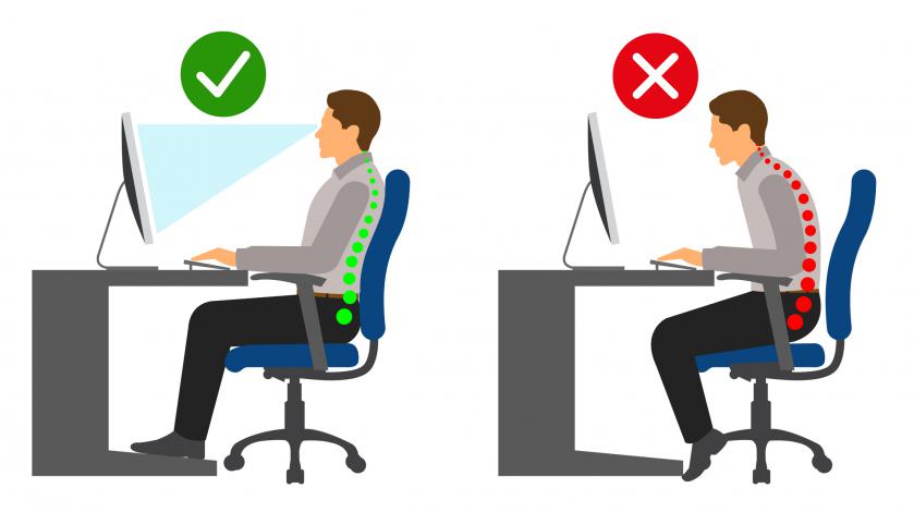 A cartoon illustration of how an ergonomic remote work set up should look