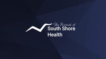 A white "Friends of South Shore Health" logo on a patterned navy blue background.