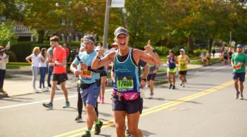 Female runner from Team South Shore Health in Boston Marathon