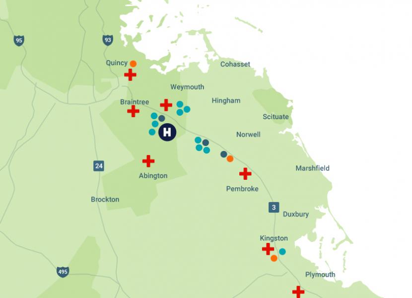 Map showing Hospital Locations in the greater Boston Area