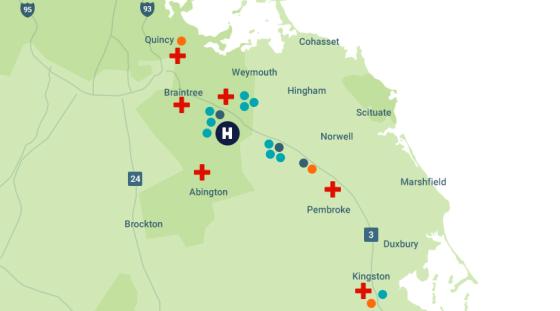 Map showing Hospital Locations in the greater Boston Area