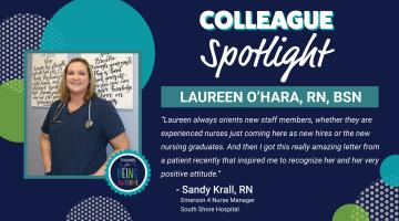 A photo of Laureen O'Hara of South Shore Hospital with "Colleague Spotlight" text and colorful shape graphics.